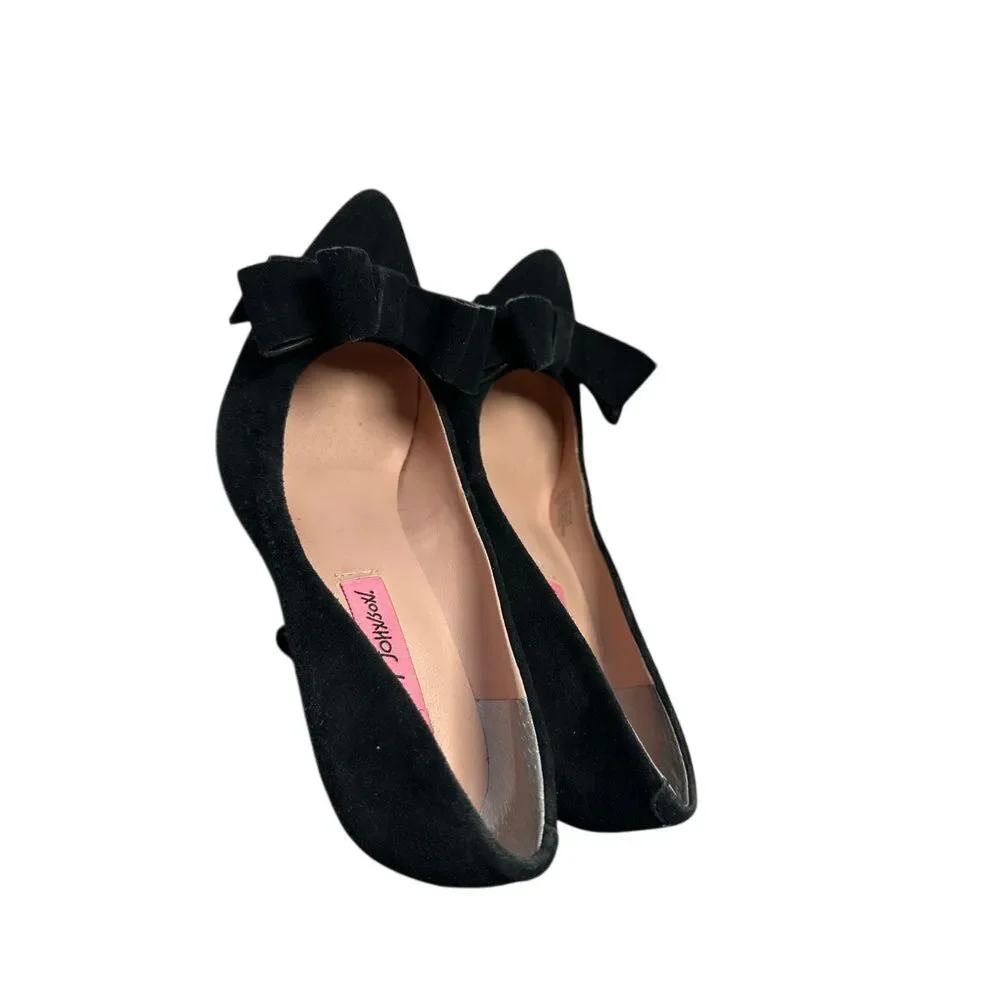 Betsey Johnson Black‎ Suede Bow Pointed Toe Kitten Heel Pumps Classic Shoes